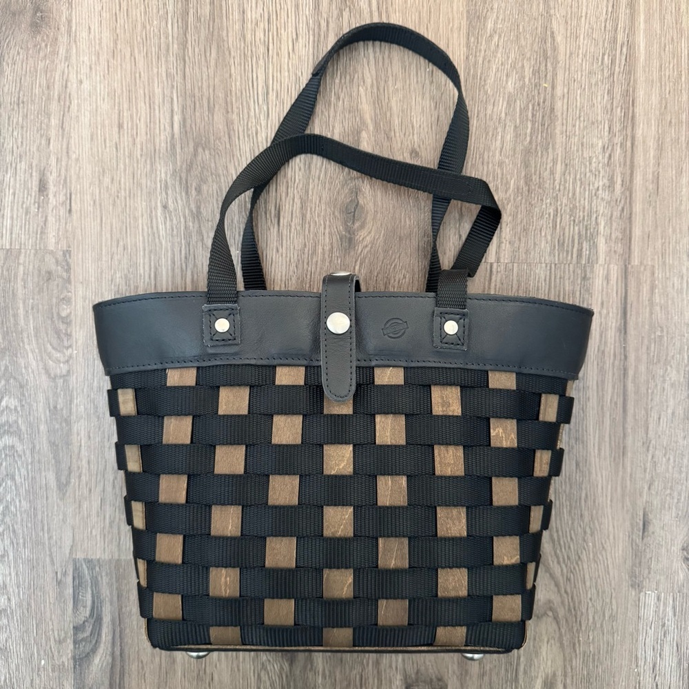 Longaberger Woven Basket Purse Black Brown Leather Shoulder Tote Bag